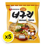 Nongshim Neoguri Mild Seafood instant noodle pack, 120g x5, in a colorful dry grocery packaging with seafood illustrations.