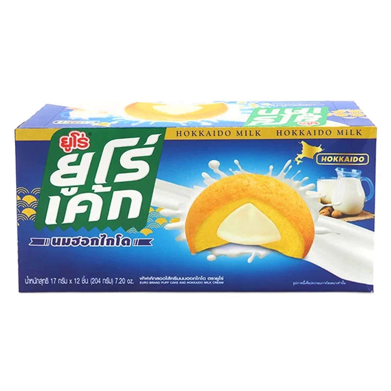 Euro EURO Hokkaido Milk Cake snack in 17g individual packs, a popular dry grocery confectionery item.