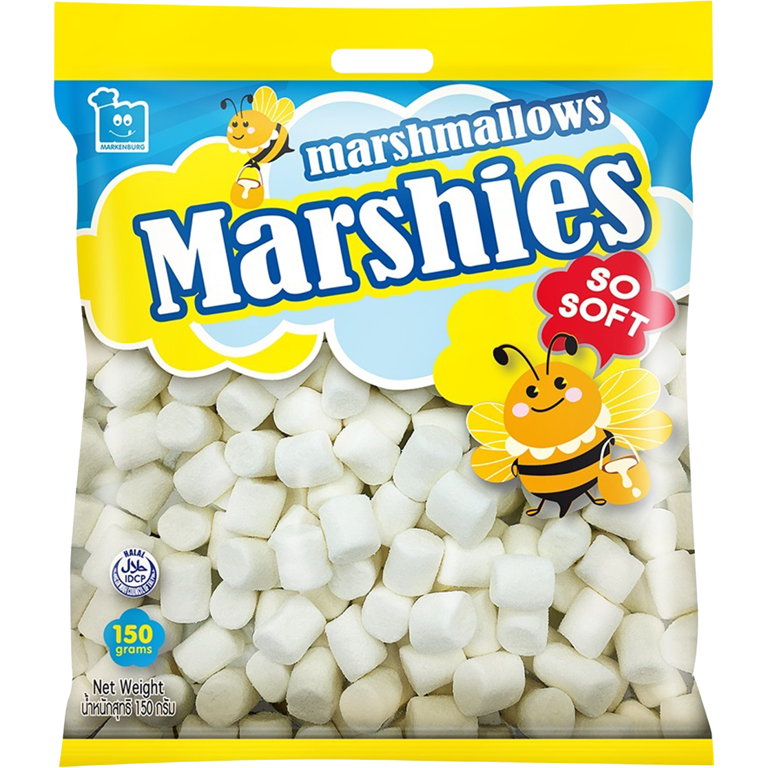 Mini white marshmallows from Markenburg Marshies confectionery snacks, shown in a clear, close-up view.