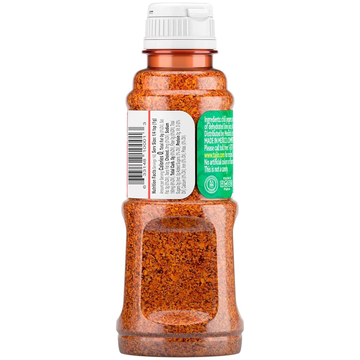 Tajin Clasico Seasoning in a jar, popular Mexican spice blend with chili, lime, and salt for enhancing various dishes.