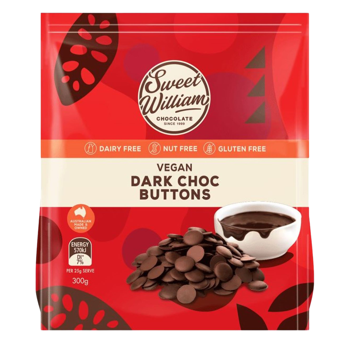Sweet William Vegan Dark Chocolate Buttons in a bowl, showcasing small, round dark chocolate pieces on a white background.