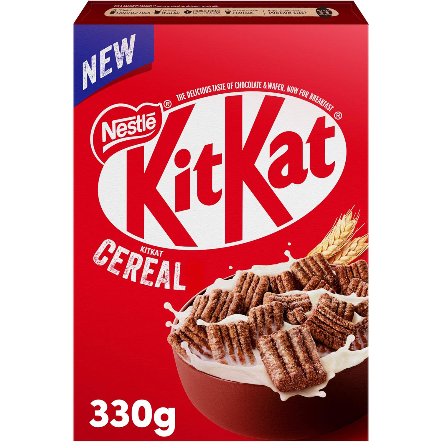 Nestle Kitkat Cereal box, featuring chocolate-flavored breakfast cereal with Kitkat branding and colorful packaging.