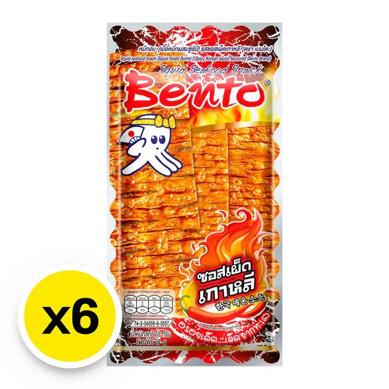 BENTO Korean spicy sauce snack pack, 18g x 6, flavorful confectionery with bold spicy and savory flavors in individual packets.