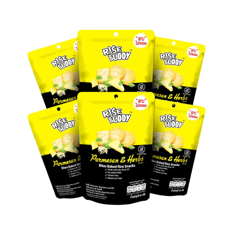 Rise Buddy Crispy Rice Snacks in a bowl, showing the light, crunchy texture of these dry grocery snack treats.
