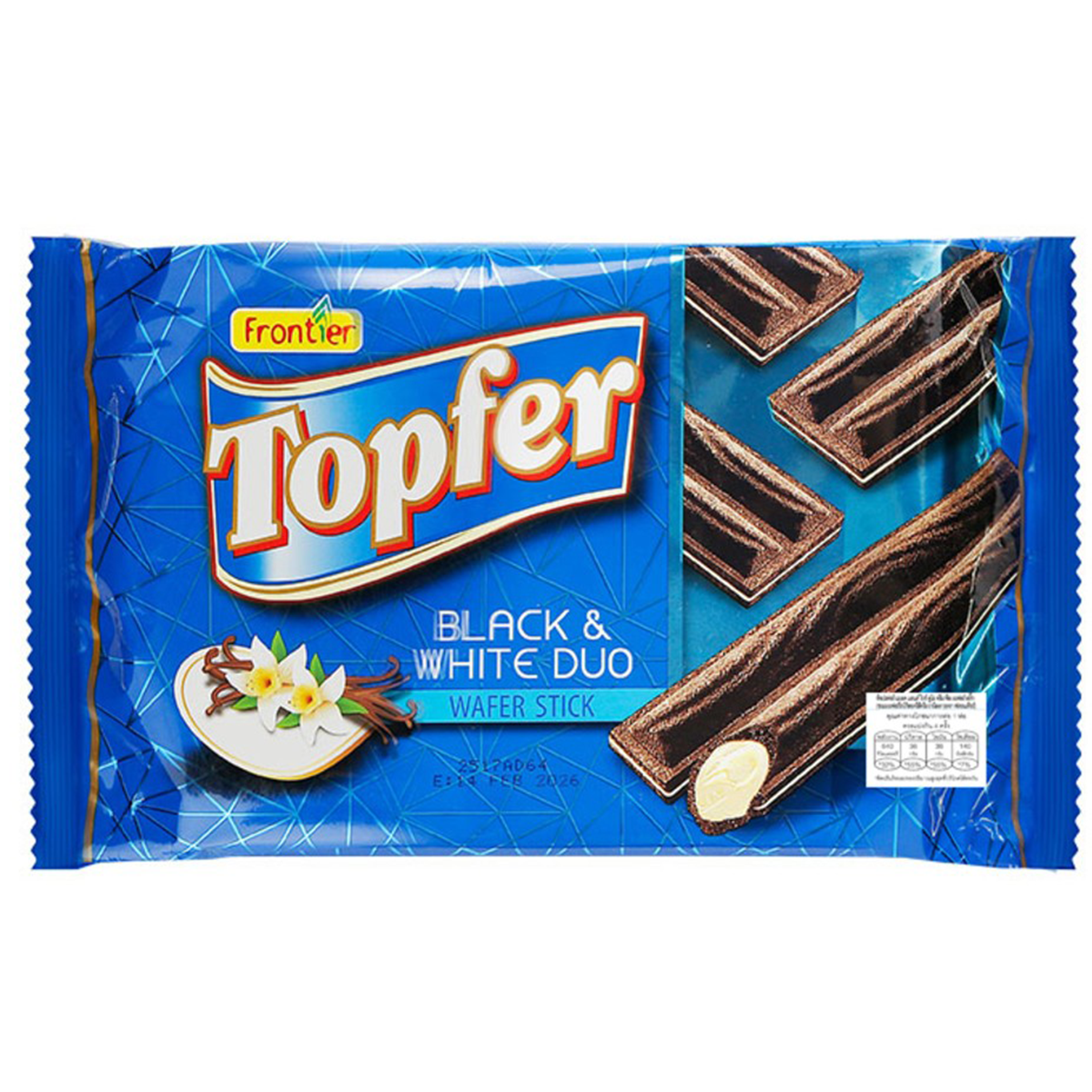 Frontier Topfer black and white duo wafer sticks, crispy confectionery snacks with layered chocolate and vanilla flavors.