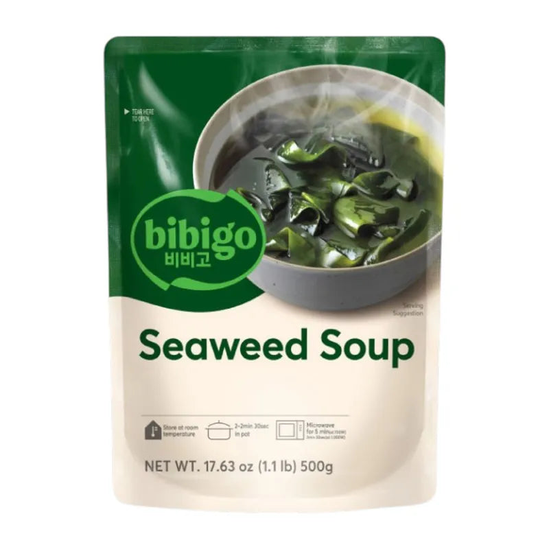 Dry grocery Bibigo Seaweed Soup 500g package with dried seaweed and soup ingredients in a sealed bag.