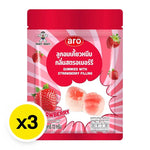 ARO Gummy Strawberry snacks in a clear bag, showing colorful gummy candies shaped like strawberries for dry grocery or confectionery use.