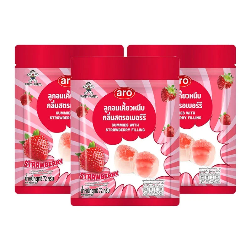 ARO Gummy Strawberry snack pack, 72g x3, showing colorful strawberry-shaped gummies in clear packaging.
