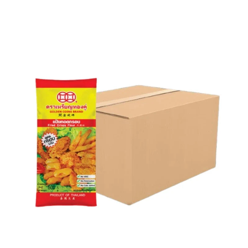 Golden Coins Crispy Flour long crunchy dry grocery snack, 500g x20 packs, shown in a clear image of the product packaging.