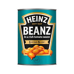 Heinz gluten-free baked beans in tomato sauce cans, 415g each, stacked in a grocery store display.