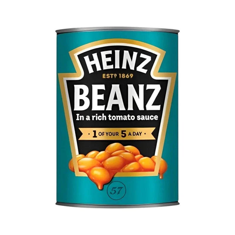 Heinz gluten-free baked beans in tomato sauce cans, 415g each, stacked in a grocery store display.