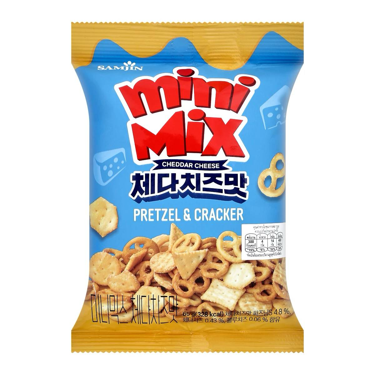 Samjin Mini Mix Cheddar Cheese Snack in colorful packaging, showcasing bite-sized confectionery with cheddar cheese flavor.