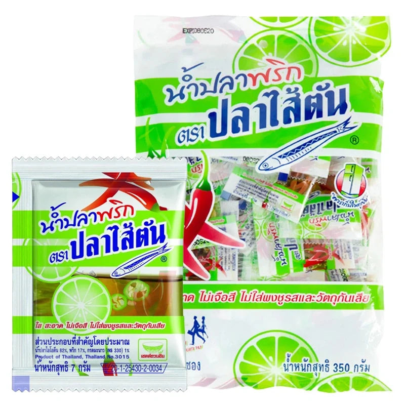 PLA Saitan Fish Sauce with Chili 7g, dry grocery product, small packet with fish sauce and chili flavor, used for cooking and seasoning.
