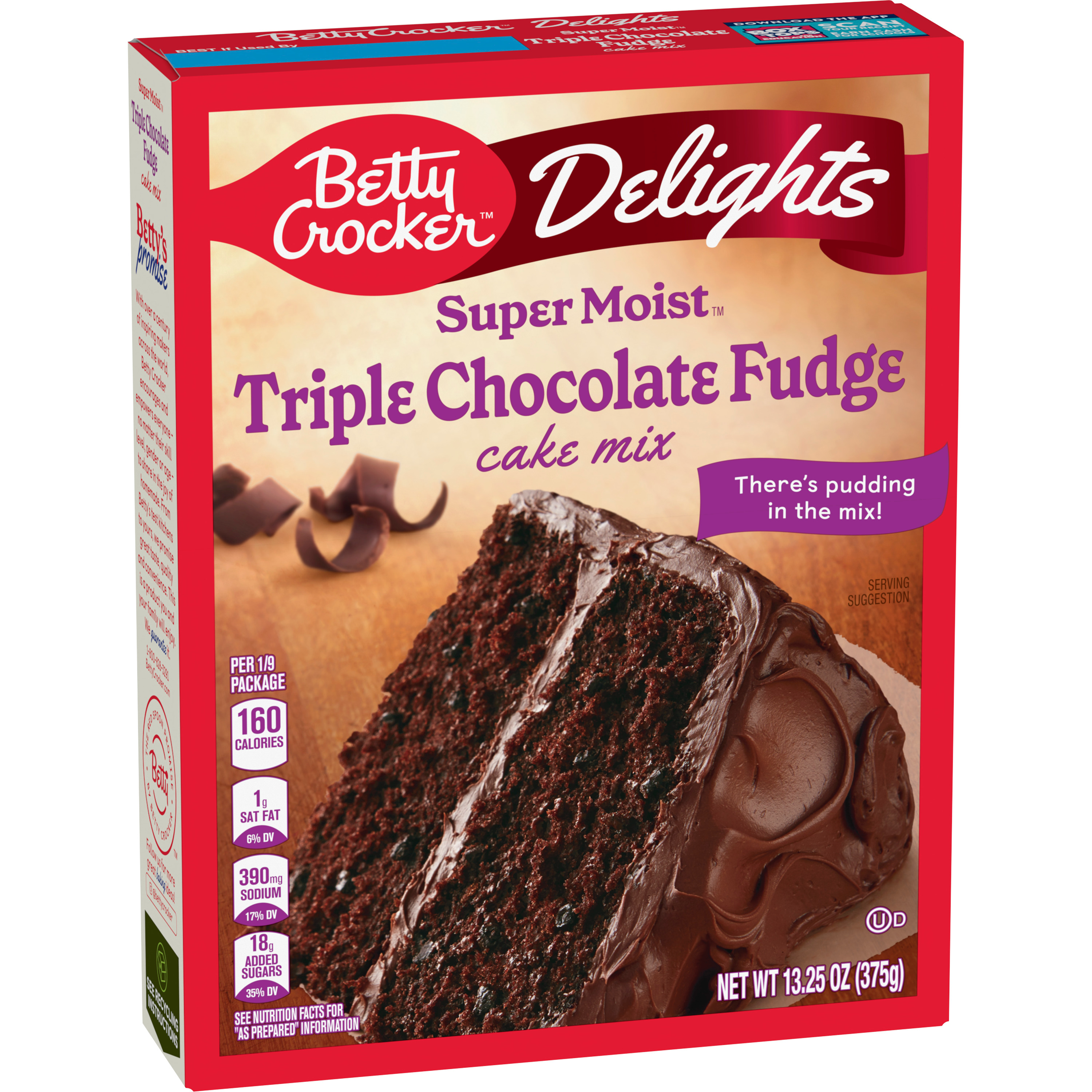 Betty Crocker Triple Chocolate Fudge Cake Mix box, featuring a rich, chocolate cake with fudge layers and vibrant packaging.