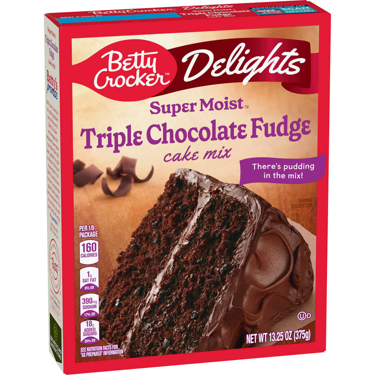 Betty Crocker Triple Chocolate Fudge Cake Mix box, featuring a rich, chocolate cake with fudge layers and vibrant packaging.