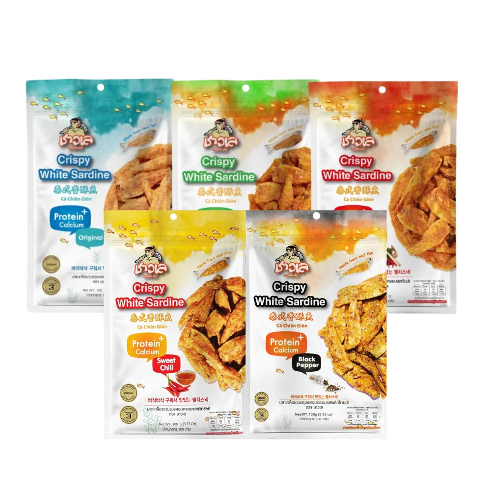 Chaolay Mix Crispy White Sardine snack in 100g package, featuring flaky white sardines as a crunchy confectionery treat.