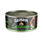 Canned geisha sardines in black pepper sauce, 120g, from GEISHA, featuring sardines in a rich black pepper-flavored sauce.