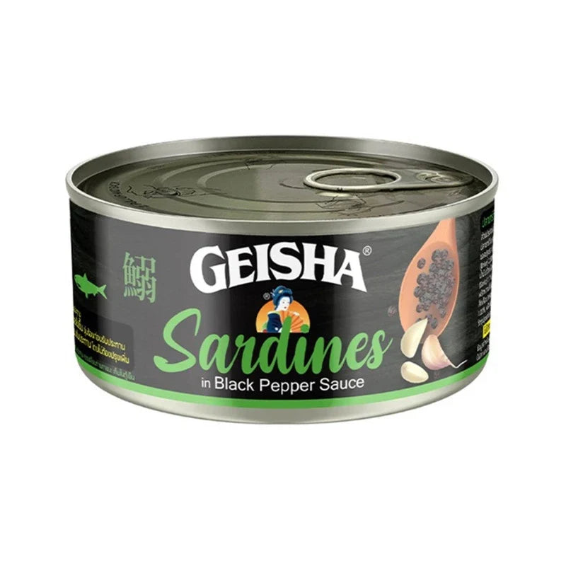 Canned geisha sardines in black pepper sauce, 120g, from GEISHA, featuring sardines in a rich black pepper-flavored sauce.