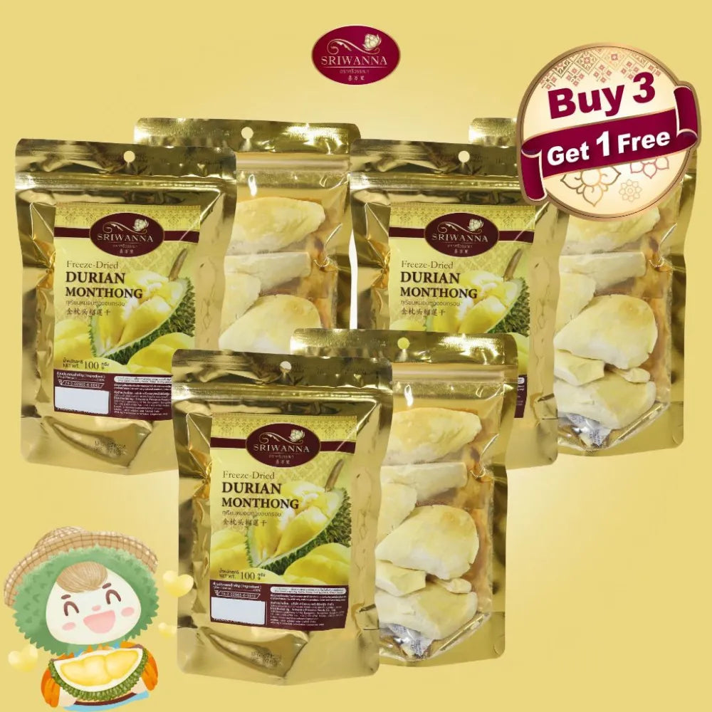 SRIWANNA Premium Crispy Durian snack in 100g package, dry grocery product, showing the crispy durian pieces in the image.