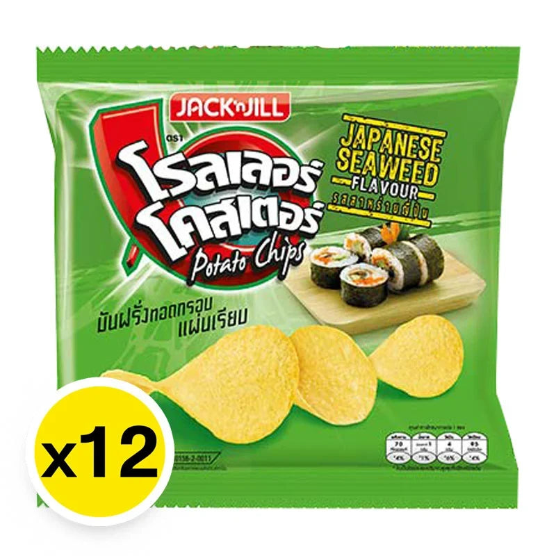 Roller Coaster Japanese Seaweed Potato Chips, 12g x12, crispy snack with seaweed flavor in a colorful package.