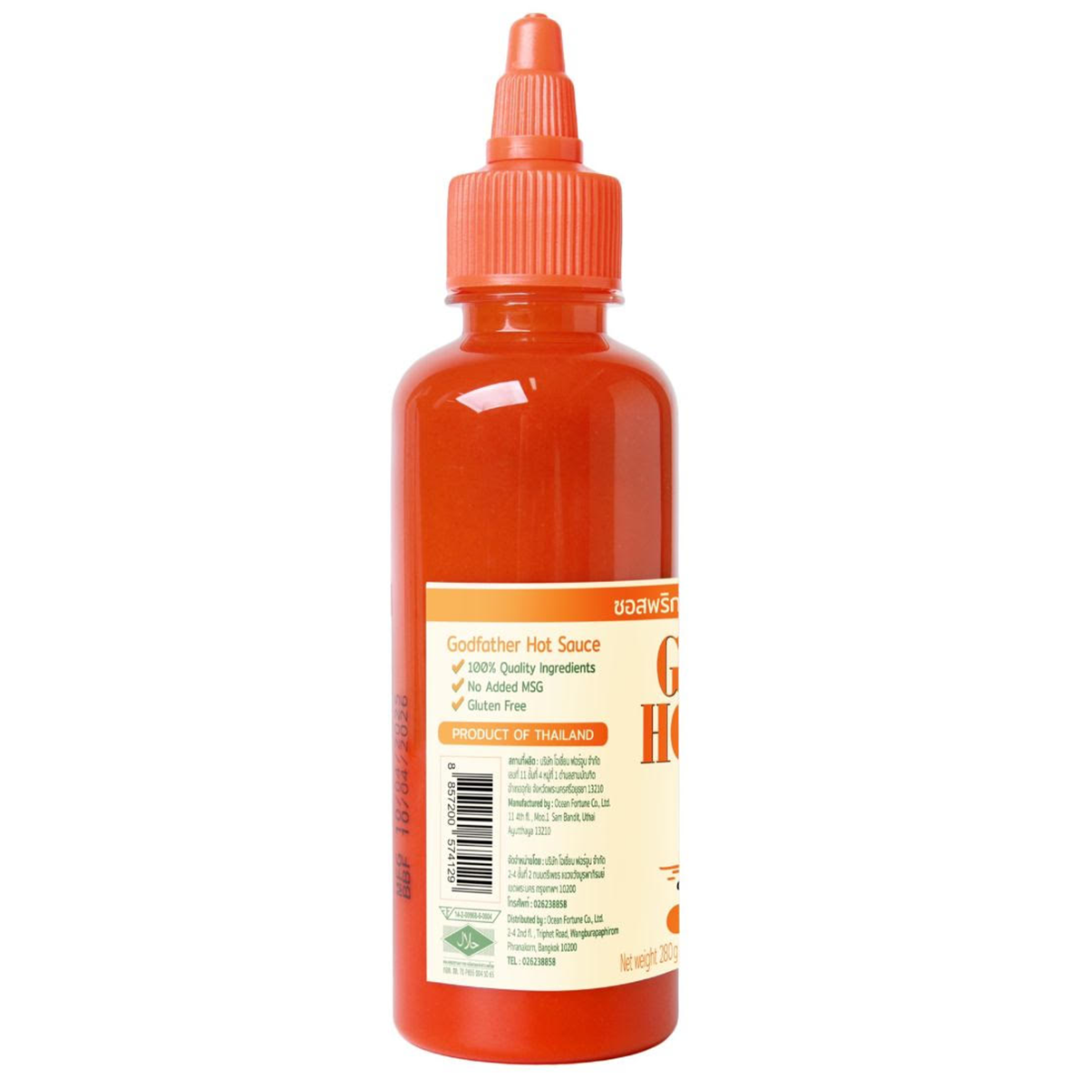 Bottle of Godfather Hot Sauce Original, a spicy grocery condiment with a red label and orange cap on a white background.