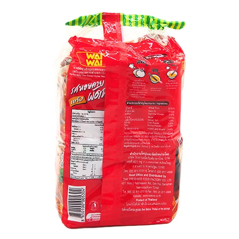 WAIWAI Pad Char Baby Clam Flavour instant noodles in 60g packs, shown in a package with noodles and clam flavor ingredients.