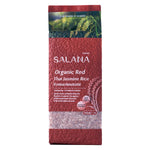 Organic red Thai jasmine rice in a 1kg bag from SALANA, showing the dry rice grains in a clear package.