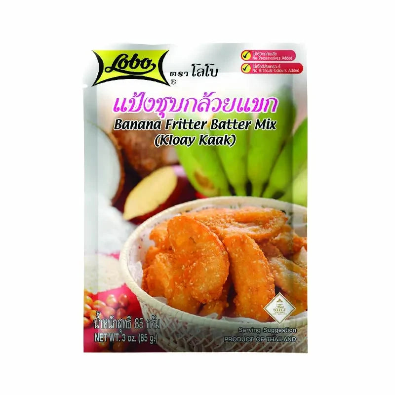 Lobo Banana Dip Flour 85g, dry grocery product, showing the packaging with banana flavor and product label.