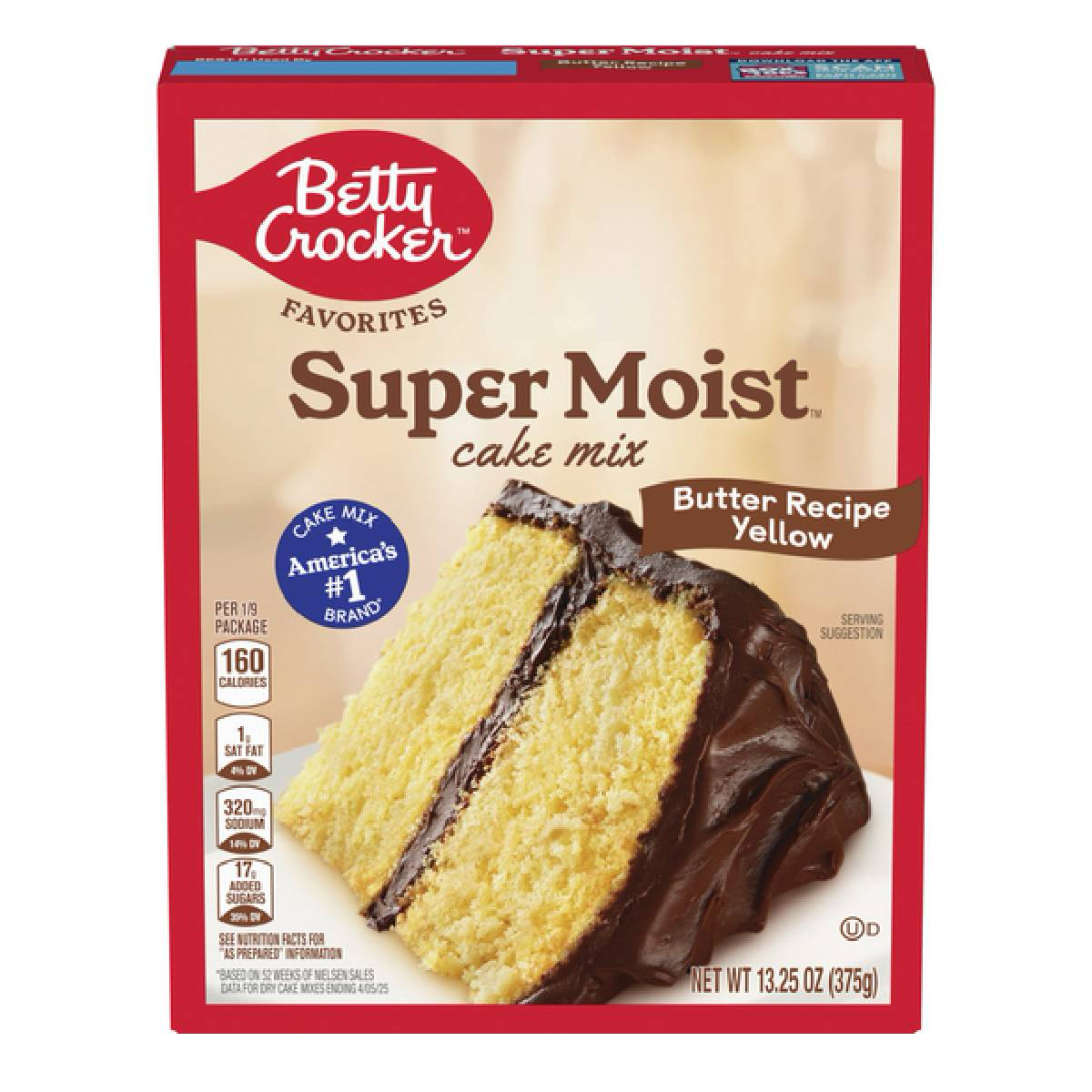 Betty Crocker Super Moist Butter Recipe Yellow Cake Mix box with colorful packaging and baking instructions.
