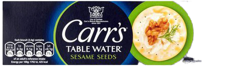 Carr's Sesame Seeds Table Water Crackers, confectionery snacks with crunchy texture and sesame seed topping, shown in the image.