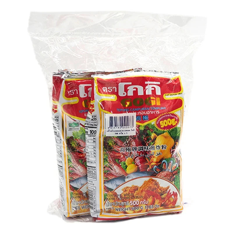 GOGI Gogi Tempura Flour 500g package, dry grocery product, shown in a clear image with multiple packages stacked together