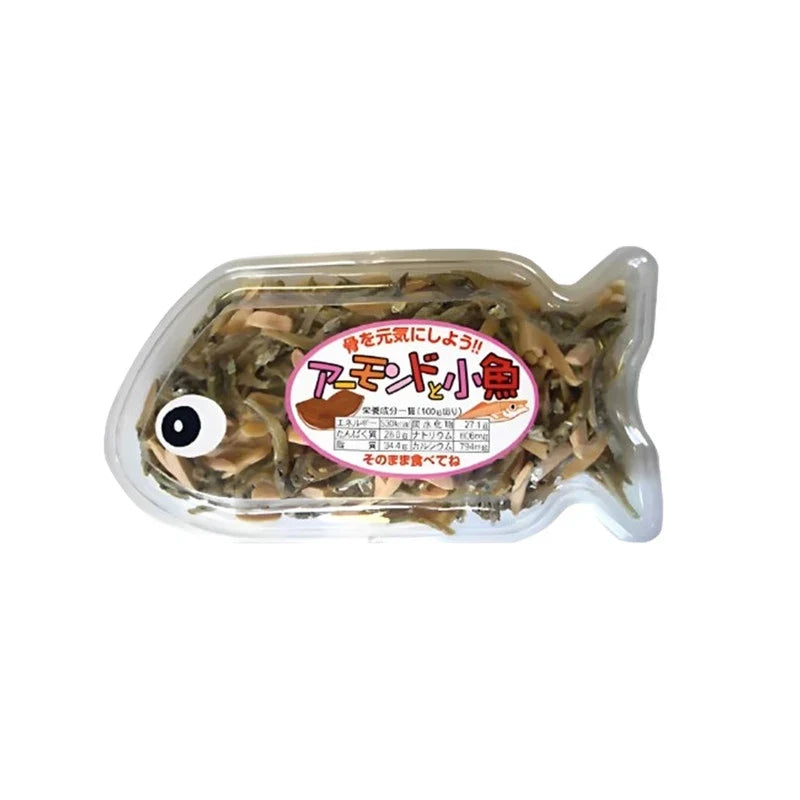 OKABE SETOUCHI almond snack with Japanese Kozakana sardines and sesame, dry grocery snack confectionery, close-up of the packaged product