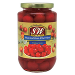 Cans of S&W Red Cherry in a grocery store, with bright red cherries visible on the label