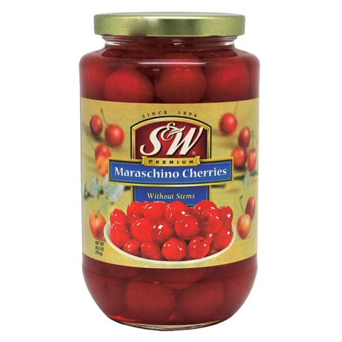 Cans of S&W Red Cherry in a grocery store, with bright red cherries visible on the label