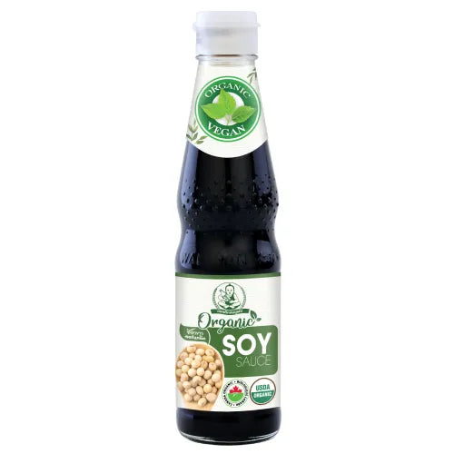 Deksomboon Organic Soy Sauce 300ml bottle, traditional dry grocery condiment with rich, dark soy flavor and natural ingredients