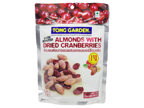 Tong Garden almonds with dried cranberries in a clear bowl, showcasing the colorful mixed confectionery snack.