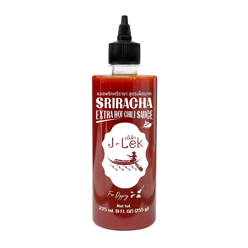 J-LEK Sriracha Chili Sauce in 255g bottle, showcasing the spicy sauce with vibrant red color and branding on the label.