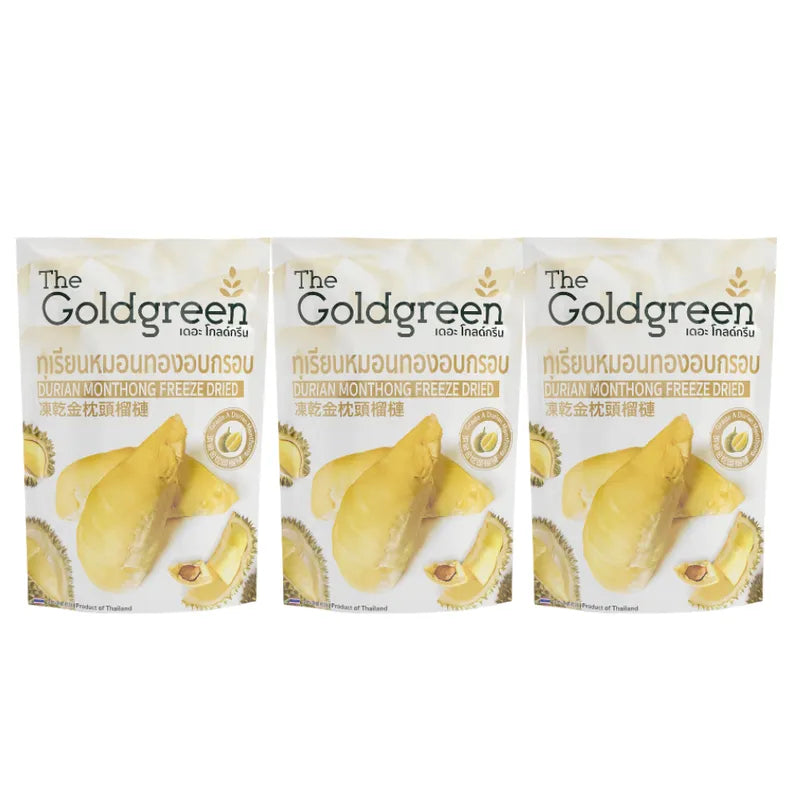 Dry grocery image of The Goldgreen Crispy Monthong Durian freeze-dried snack in a 78g package, showcasing the durian slices and packaging.