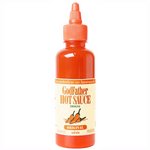 Bottle of Godfather Hot Sauce Original, a spicy grocery condiment with red sauce in a clear glass bottle.