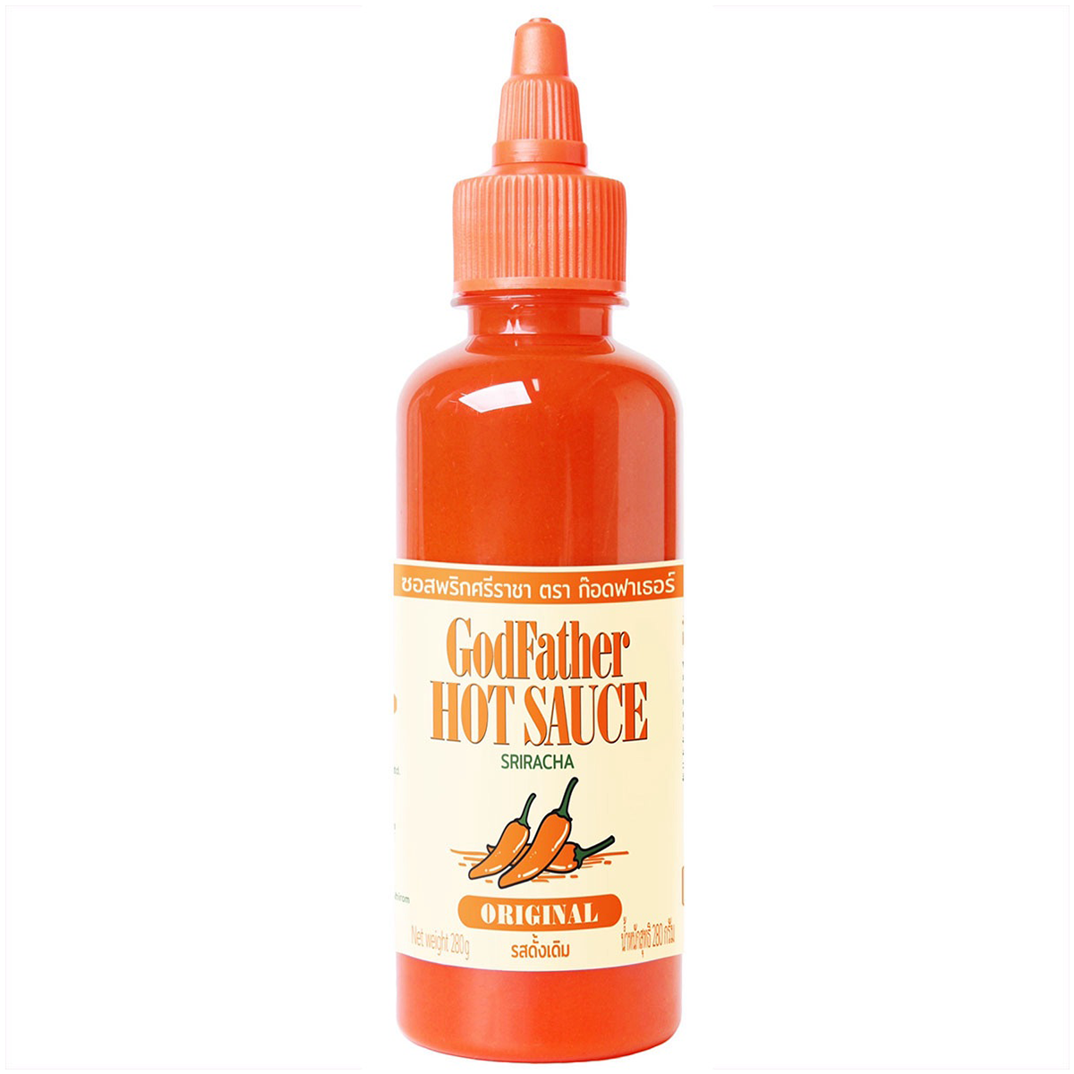 Bottle of Godfather Hot Sauce Original, a spicy grocery condiment with red sauce in a clear glass bottle.