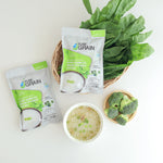Pure Grain instant vegetable porridge in 35g dry grocery pack, showing a bowl of prepared porridge with vegetables.