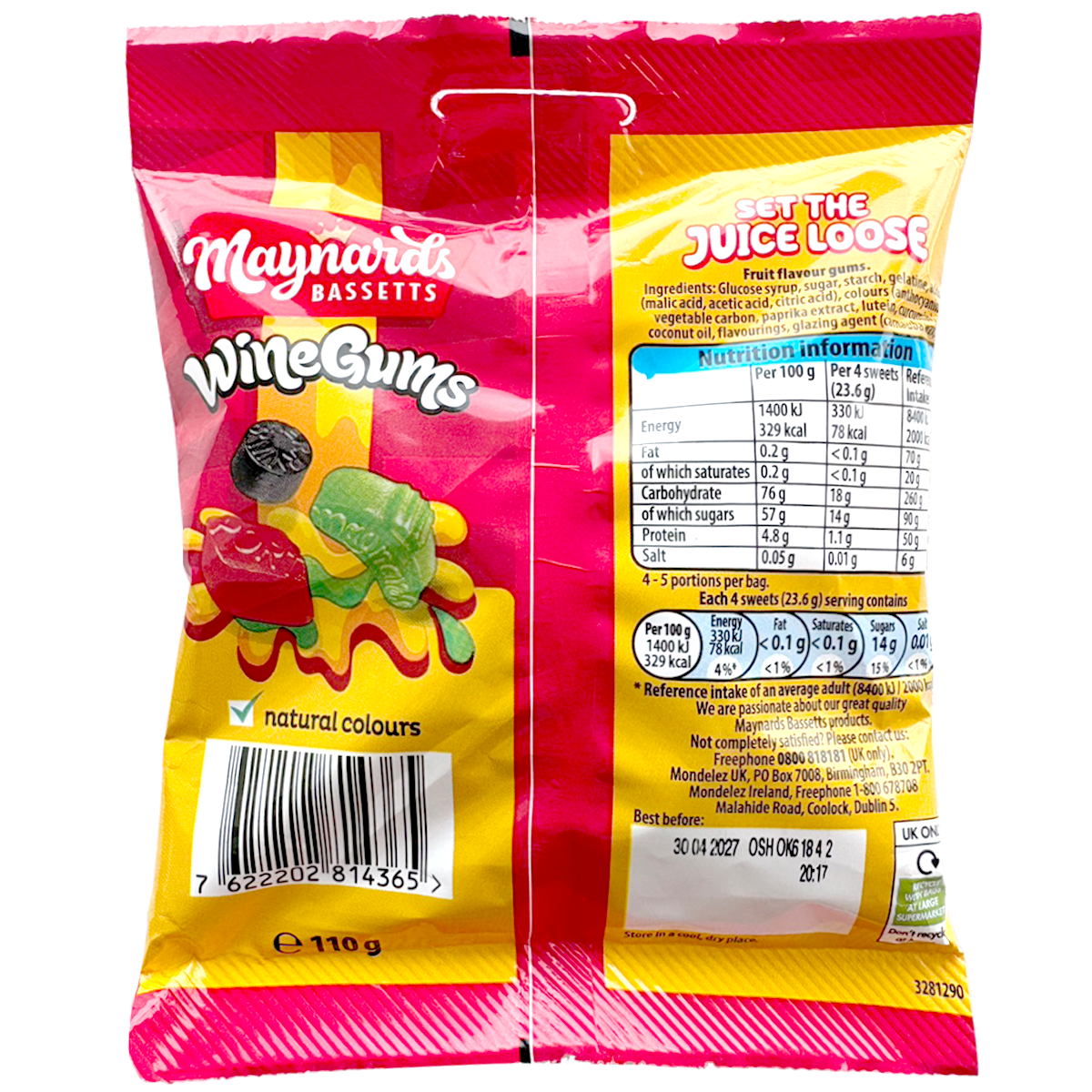 Maynards Bassetts Wine Gums confectionery snacks with colorful, chewy fruit-flavored candies in various shapes and colors.