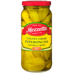 Jar of Mezzetta Golden Greek Peperoncini peppers in a glass container, showcasing vibrant yellow-green peppers on a grocery shelf.