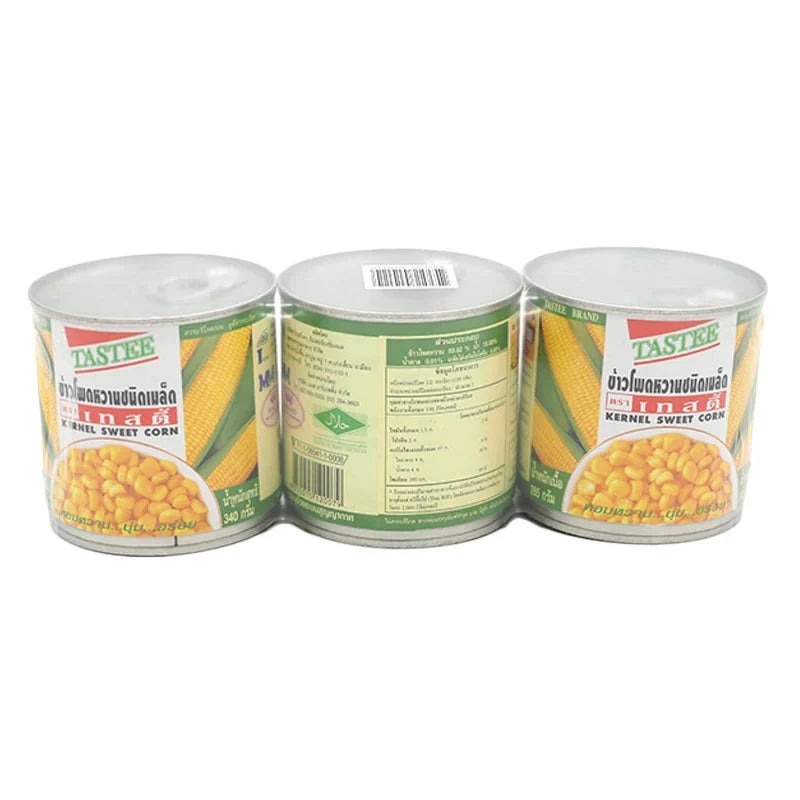 Tastee Sweet Corn in 340g cans, three-pack, dry grocery product from TASTEE, showing the cans stacked with colorful labels.