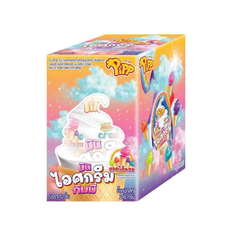 PIPP Pipp Mini ICE Cream Gummy candies in 18g packs, showing colorful gummy confections for snacking and confectionery enjoyment.
