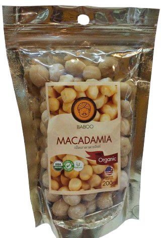 Raw macadamia nuts from Baboo, showcasing their natural, creamy appearance in a confectionery snack package.