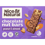 Nice & Natural Chocolate Nut Bars with peanuts and almonds, showing the packaged snack with nuts and chocolate coating.