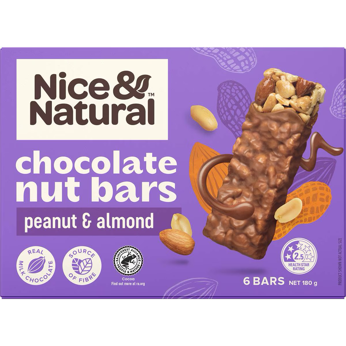 Nice & Natural Chocolate Nut Bars with peanuts and almonds, showing the packaged snack with nuts and chocolate coating.