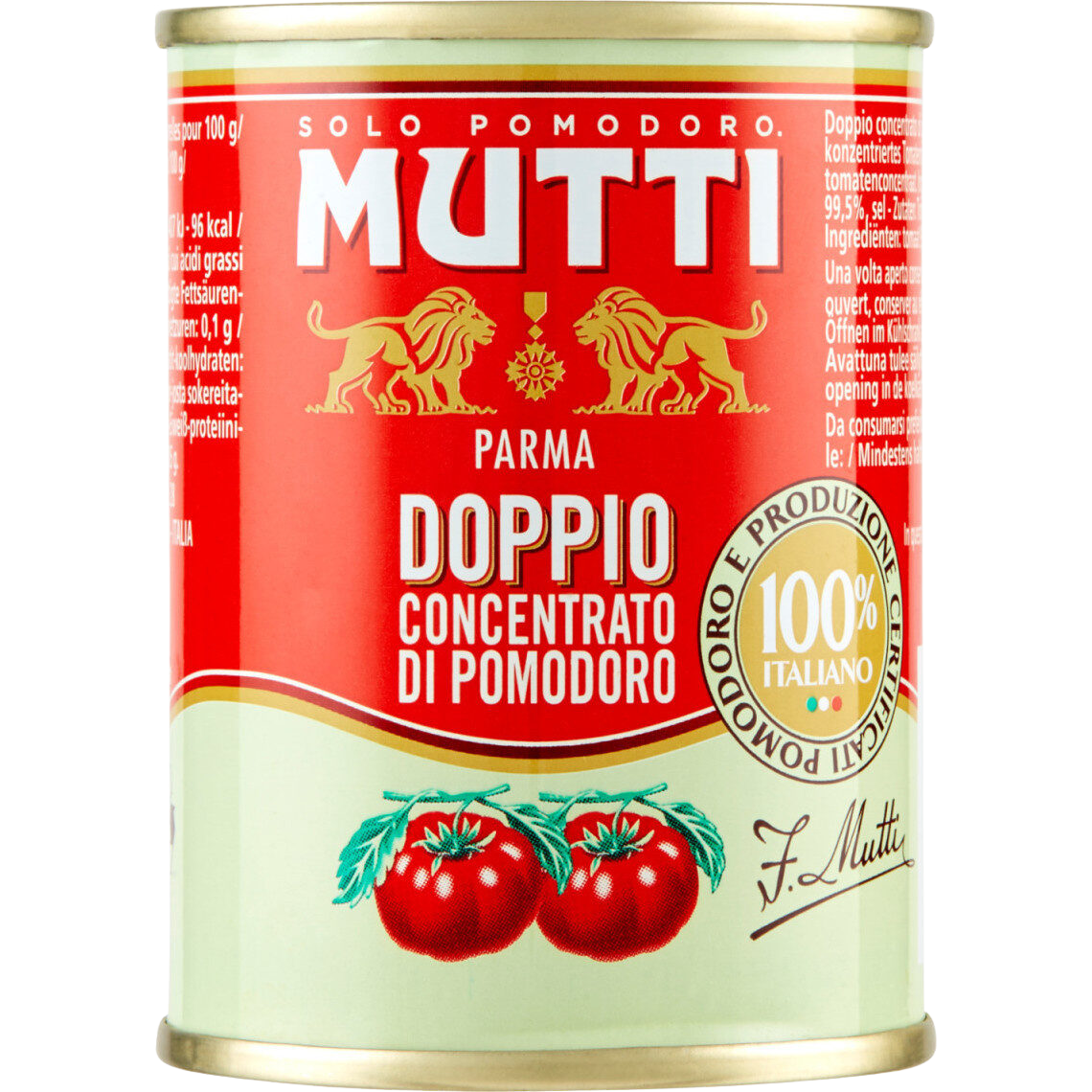 Cans of Mutti double concentrated tomato paste stacked in a grocery aisle, showing bright red tomato product branding.