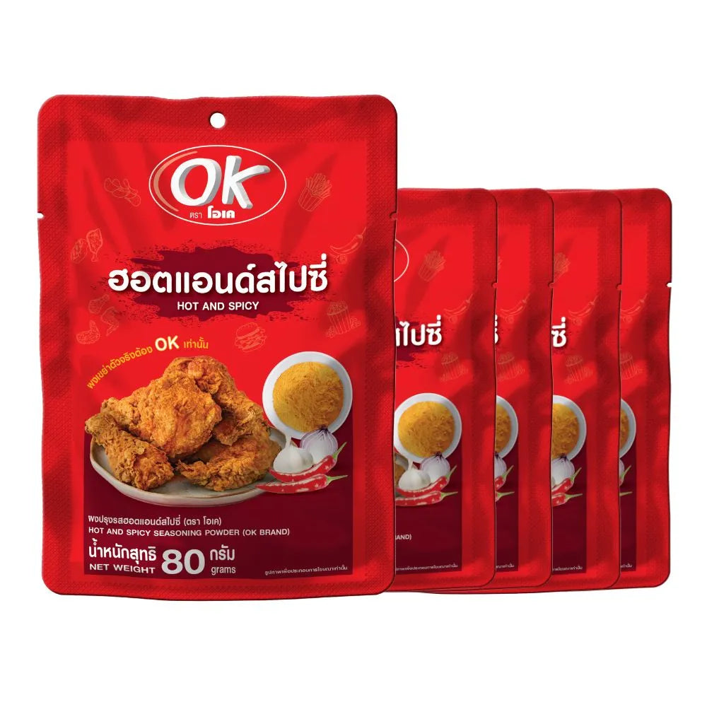 OK Shake Powder Hot and Spicy flavor in 80g pack, dry grocery product with vibrant spicy seasoning visible in the image.
